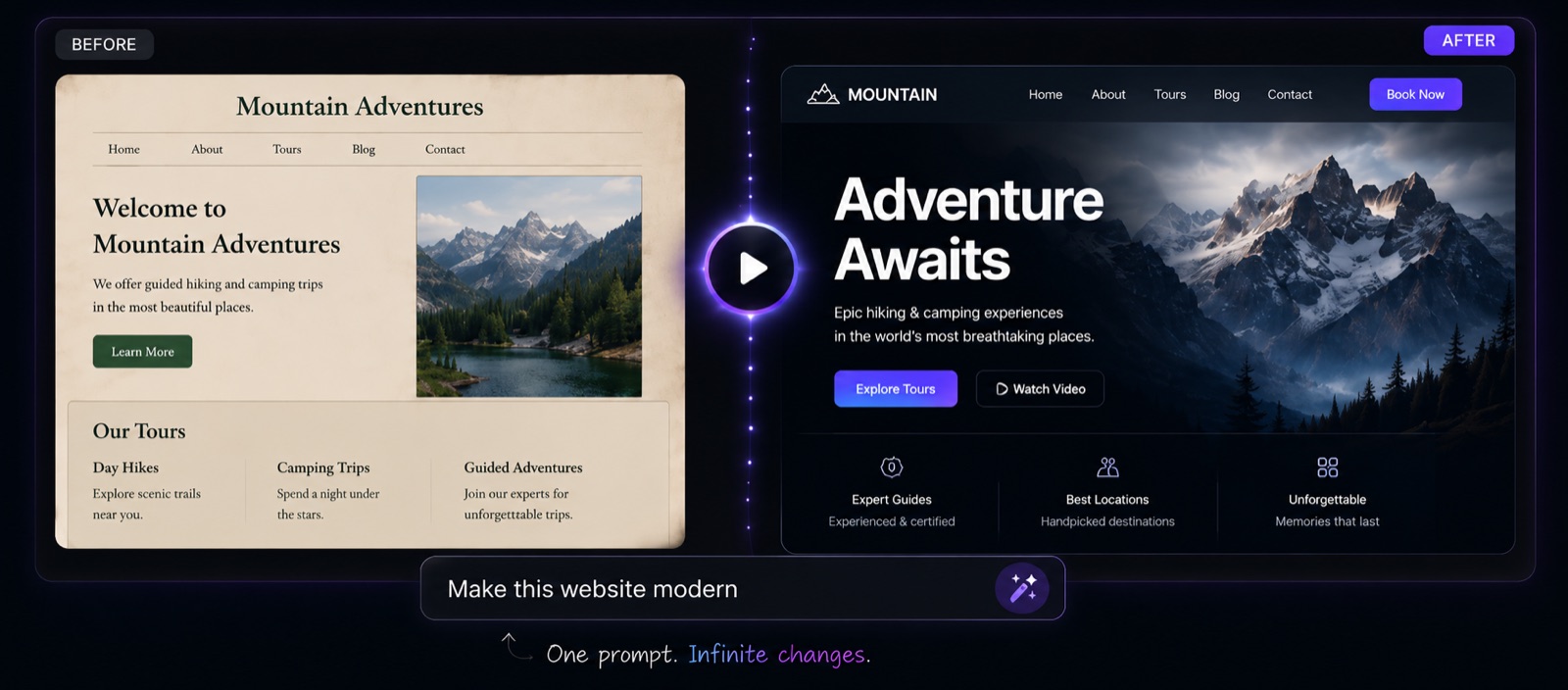 BotBard demo — a plain WordPress site transformed into a modern design with one prompt. Hover to preview, click to play.